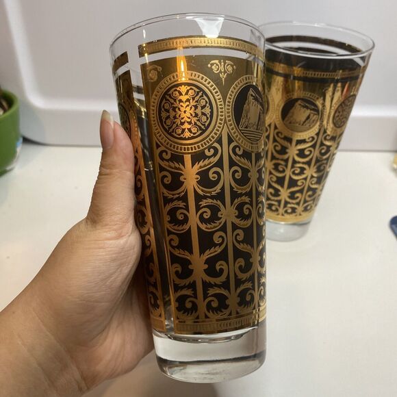 Set of 2 1965 Libbey Rock of Gibraltar Prudential Highball Glasses Gold & Black - Picture 3 of 9